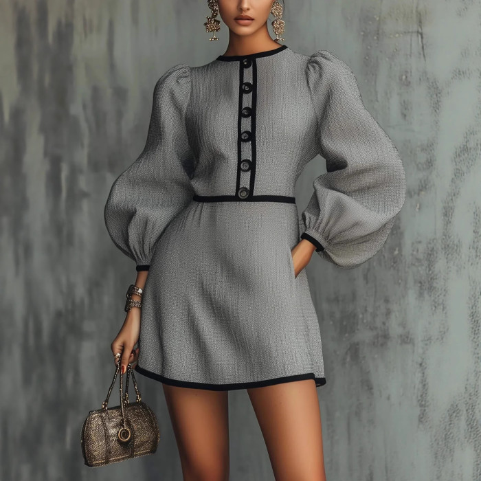 ✨Office & Daily Lantern Sleeve Button Mini Dress🍂