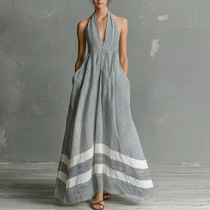 ✨Beach & Vacation Halter Striped Maxi Dress🌊