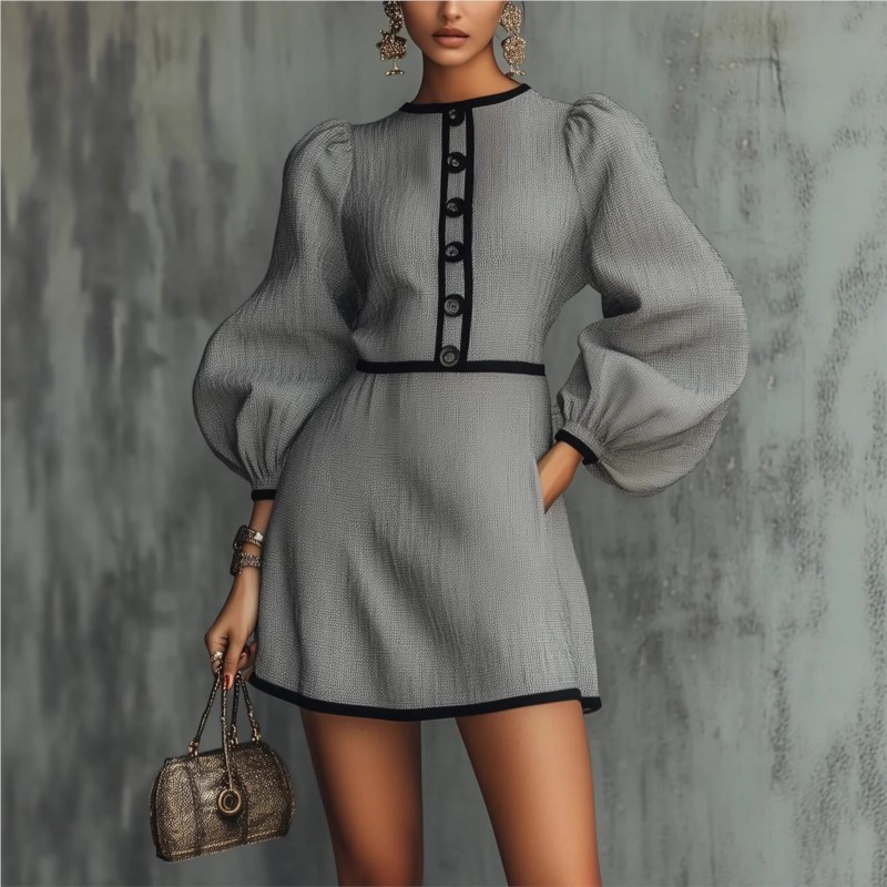 ✨Office & Daily Lantern Sleeve Button Mini Dress🍂