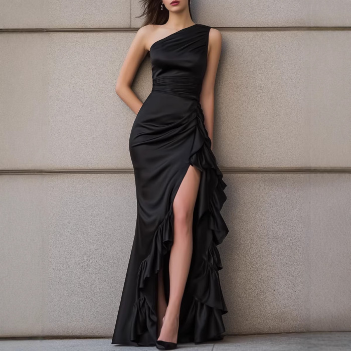 ✨Party & Daily One-Shoulder Satin Ruffle Dress🖤