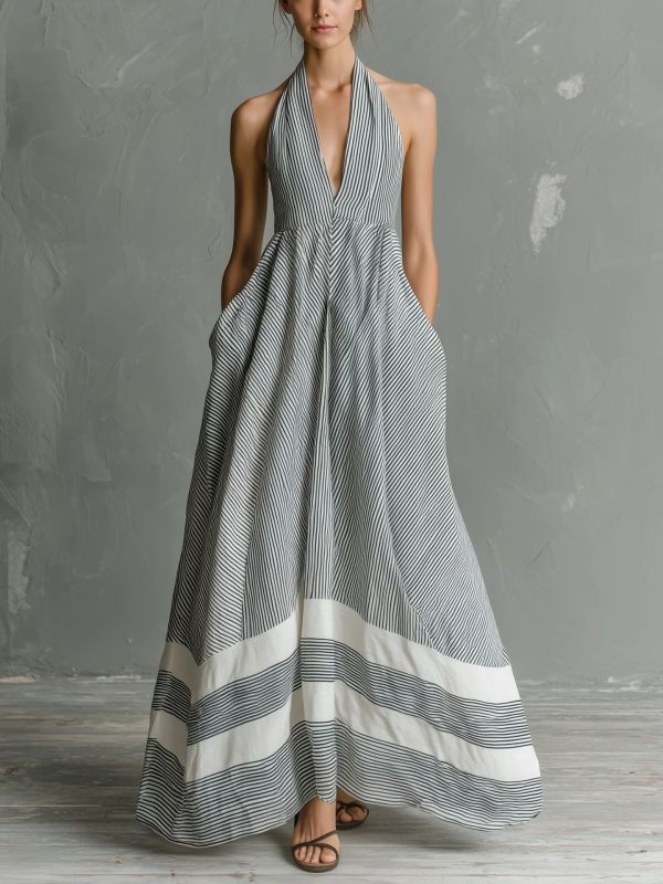 ✨Beach & Vacation Halter Striped Maxi Dress🌊