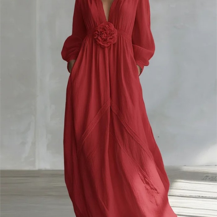 ☀️Trendy Solid Maxi Dress | Long Sleeve V-Neck Pocket Flowy Dress for Vacation & Party