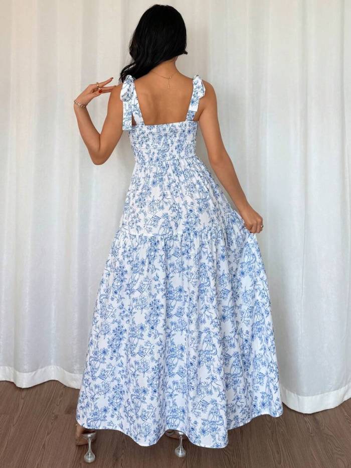 💙Trendy Floral Maxi Dress | Sleeveless Ruched Waist Flared Dress for Daily & Vacation