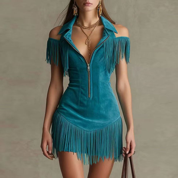 🤎Trendy Suede Mini Dress | Off Shoulder Fringe Bodycon Dress for Western & Party