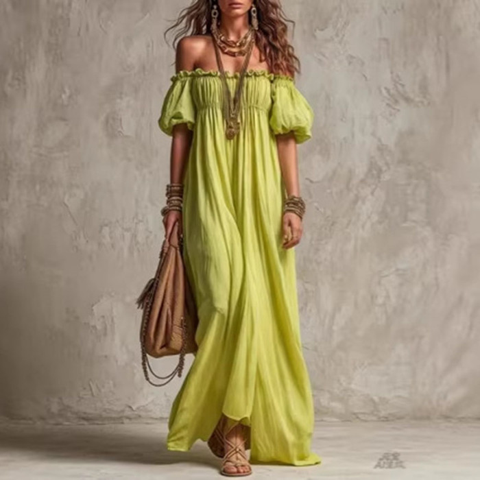 🌿Trendy Boho Maxi Dress | Off Shoulder Puff Sleeve Ruffle Dress for Beach & Vacation
