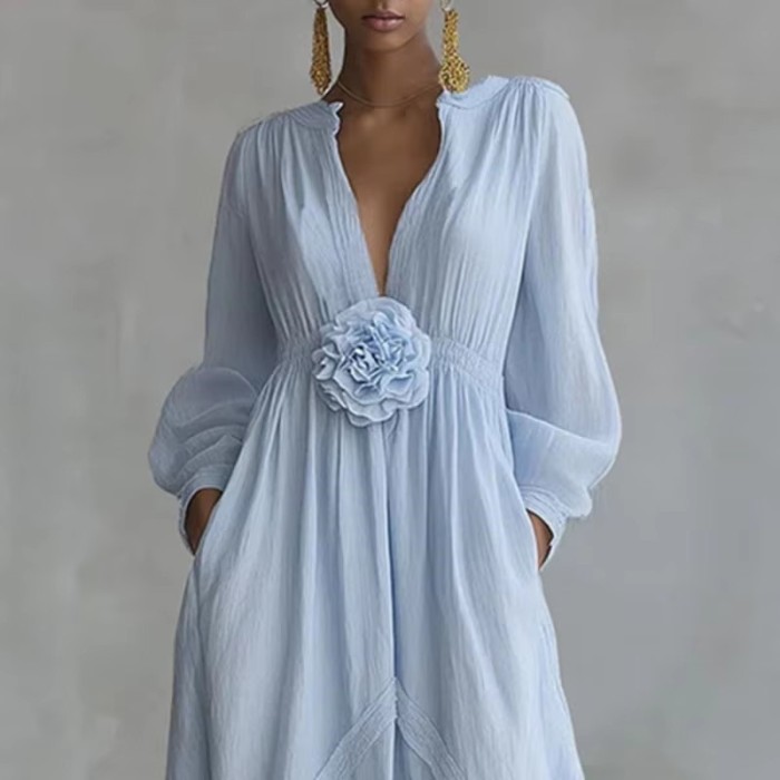 ☀️Trendy Solid Maxi Dress | Long Sleeve V-Neck Pocket Flowy Dress for Vacation & Party