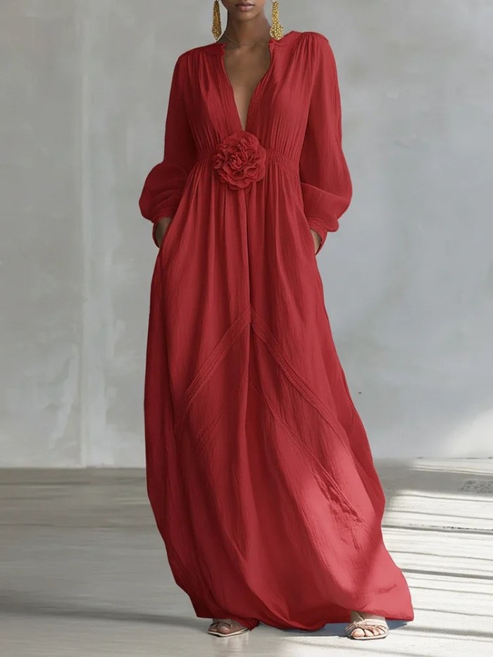 ☀️Trendy Solid Maxi Dress | Long Sleeve V-Neck Pocket Flowy Dress for Vacation & Party