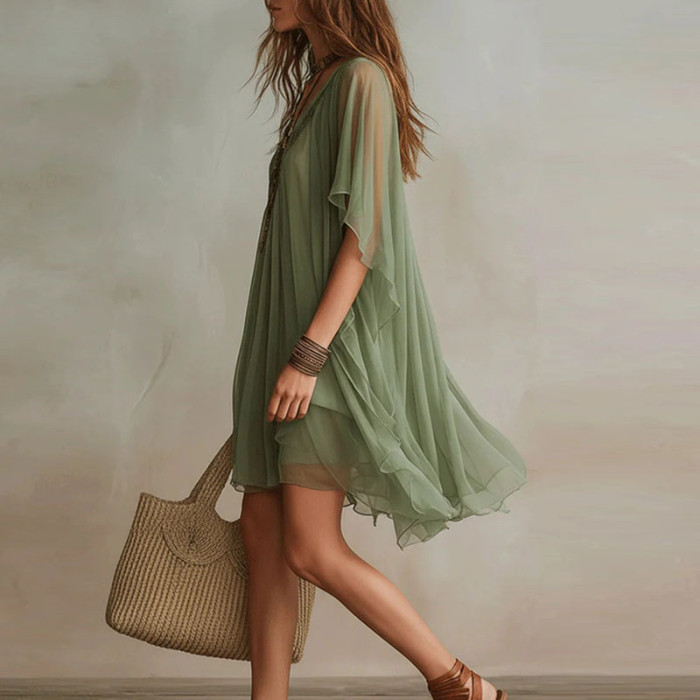 🤍Trendy 2 Piece Dress Set | V-Neck Batwing Sleeve Lace Trim Outfit for Beach & Daily