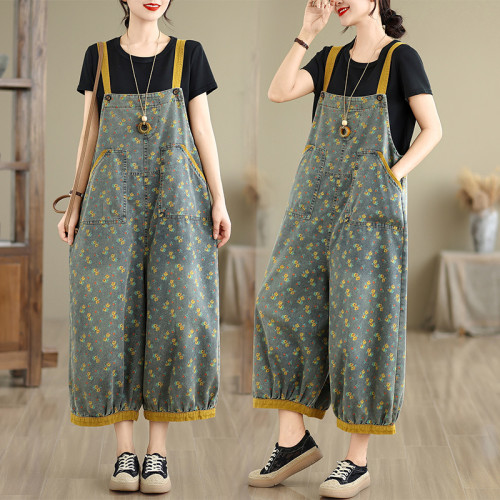 👖Trendy Denim Overalls | Printed Wide Leg Plus Size Jumpsuit for Daily Casual Wear
