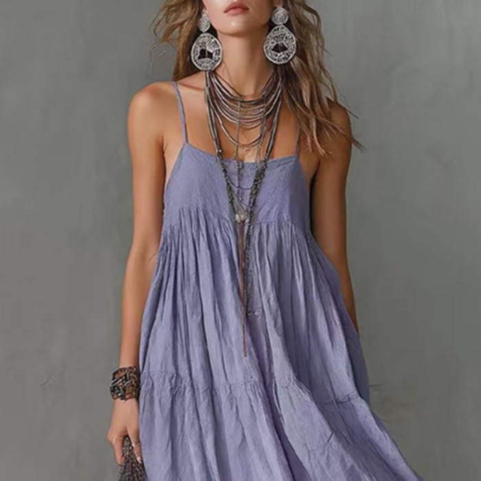 🌿Trendy Boho Maxi Dress | Spaghetti Strap Slash Neck Pleated Dress for Vacation & Daily