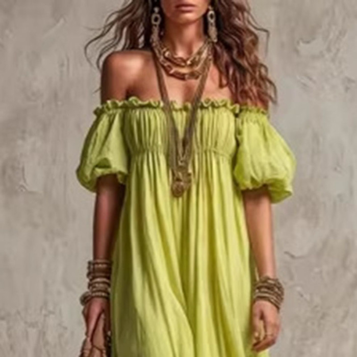 🌿Trendy Boho Maxi Dress | Off Shoulder Puff Sleeve Ruffle Dress for Beach & Vacation