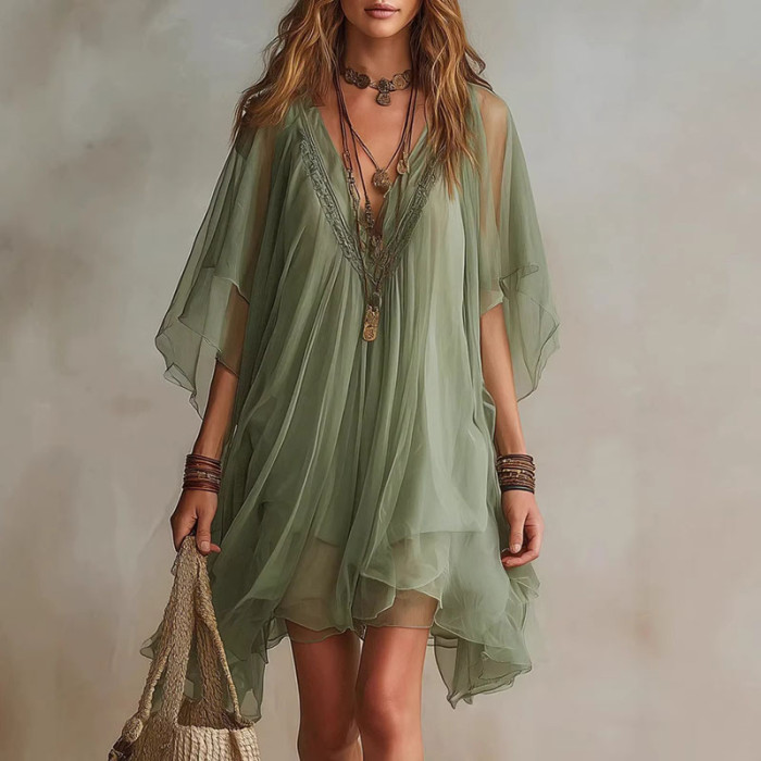 🤍Trendy 2 Piece Dress Set | V-Neck Batwing Sleeve Lace Trim Outfit for Beach & Daily