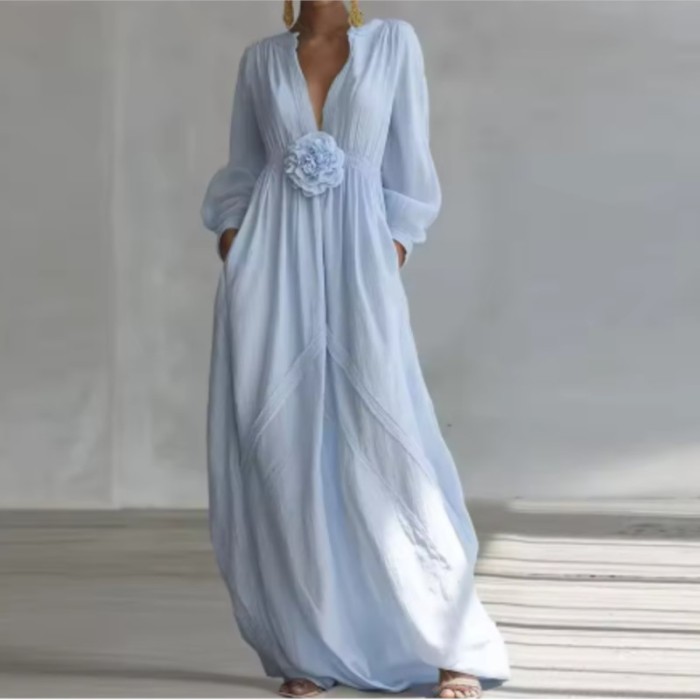 ☀️Trendy Solid Maxi Dress | Long Sleeve V-Neck Pocket Flowy Dress for Vacation & Party