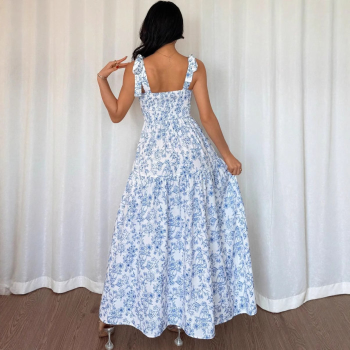 💙Trendy Floral Maxi Dress | Sleeveless Ruched Waist Flared Dress for Daily & Vacation