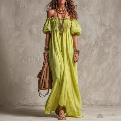 🌿Trendy Boho Maxi Dress | Off Shoulder Puff Sleeve Ruffle Dress for Beach & Vacation