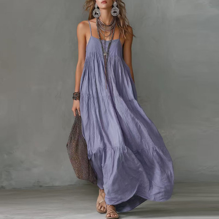 🌿Trendy Boho Maxi Dress | Spaghetti Strap Slash Neck Pleated Dress for Vacation & Daily