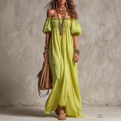 🌿Trendy Boho Maxi Dress | Off Shoulder Puff Sleeve Ruffle Dress for Beach & Vacation
