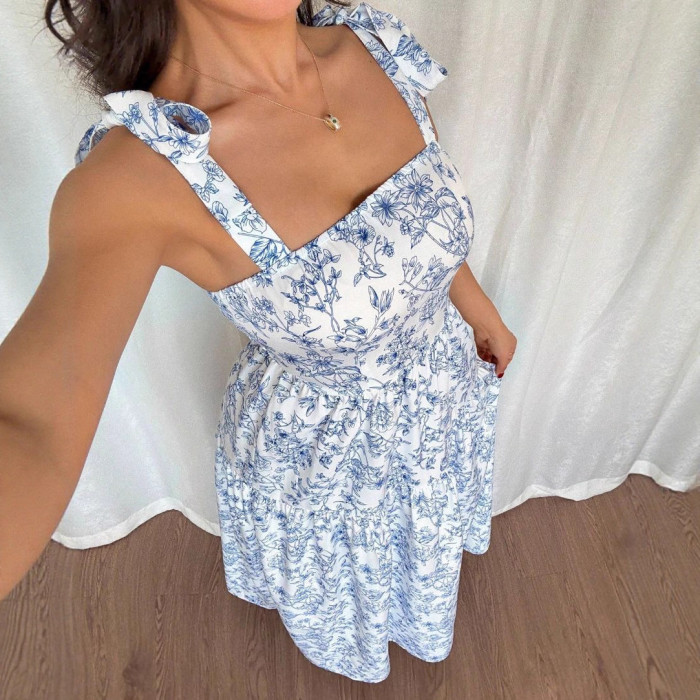 💙Trendy Floral Maxi Dress | Sleeveless Ruched Waist Flared Dress for Daily & Vacation