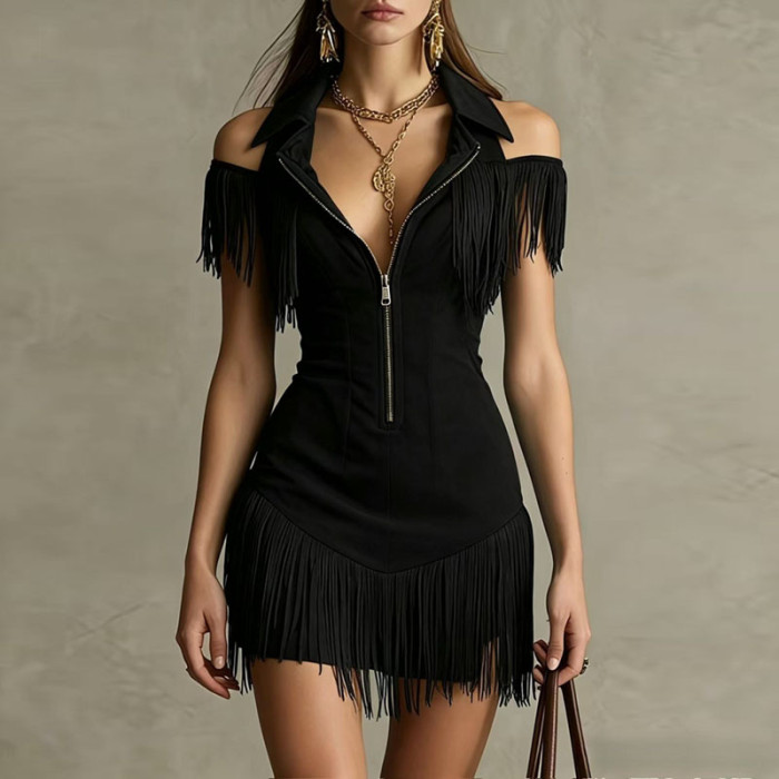 🤎Trendy Suede Mini Dress | Off Shoulder Fringe Bodycon Dress for Western & Party
