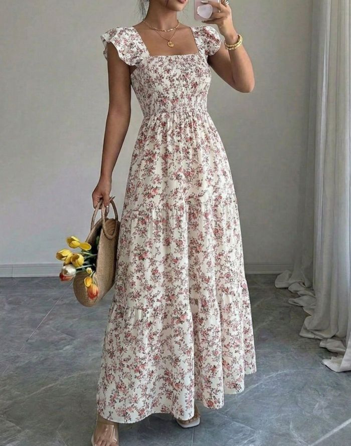 🌸Trendy Floral Maxi Dress | Ruffle Sleeve Smocked Waist Tiered Dress for Party & Vacation