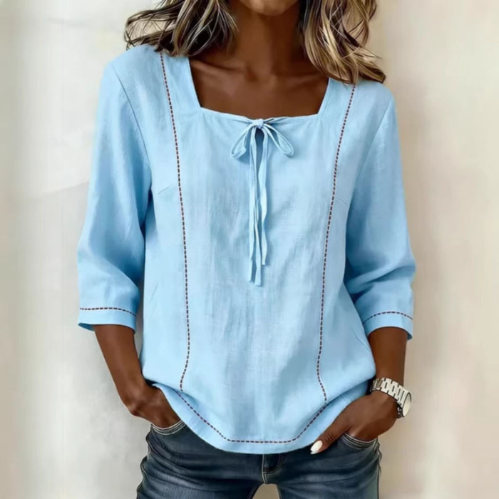 ✨Trendy Solid Blouse | Square Collar Tie Front Hollow Out Top for Street & Daily Wear