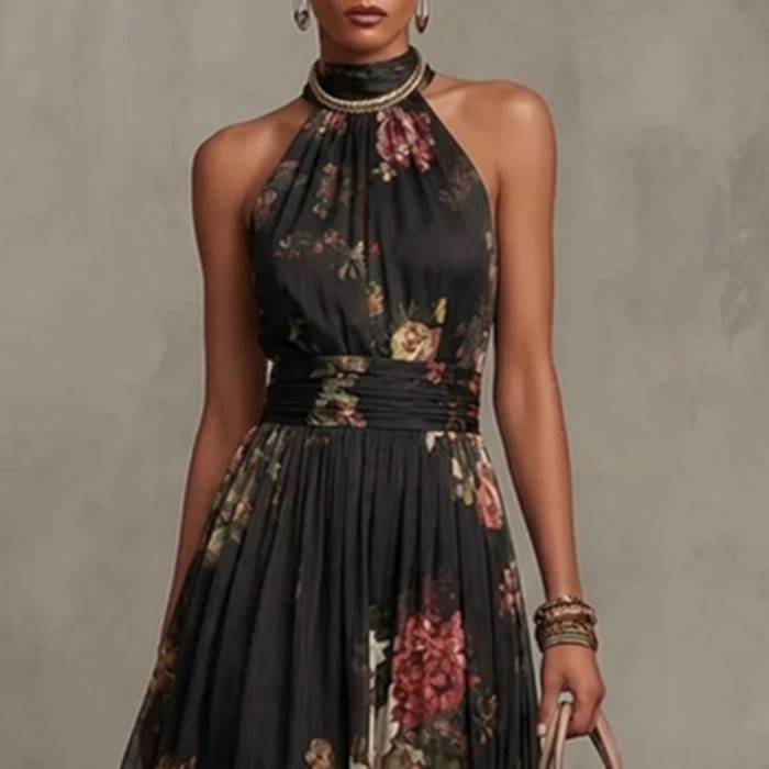 🌼Trendy Floral Maxi Dress | Halter High Waist A-Line Dress for Party & Vacation