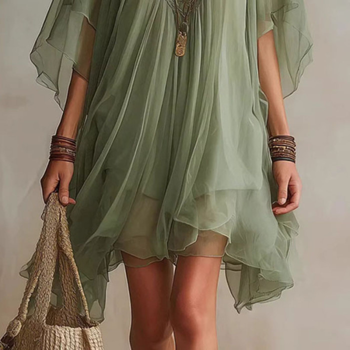 🤍Trendy 2 Piece Dress Set | V-Neck Batwing Sleeve Lace Trim Outfit for Beach & Daily