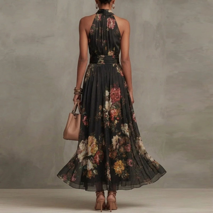🌼Trendy Floral Maxi Dress | Halter High Waist A-Line Dress for Party & Vacation
