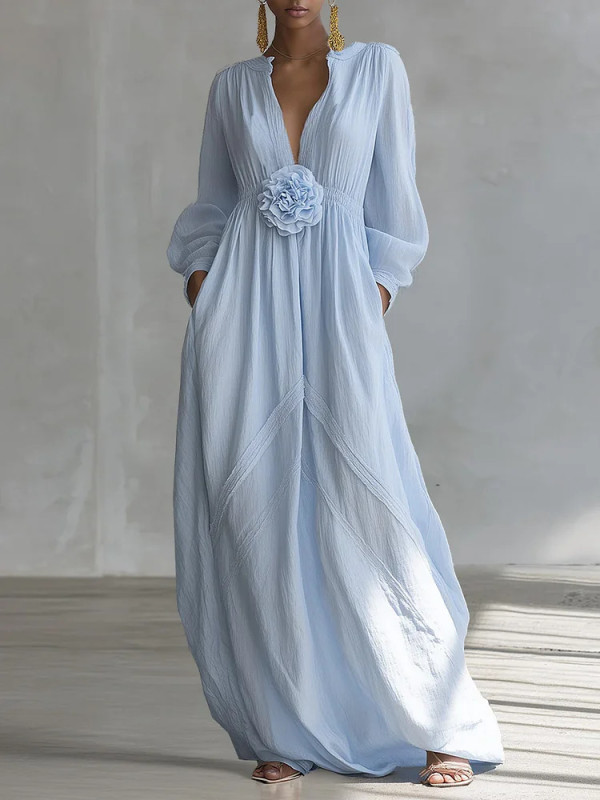 ☀️Trendy Solid Maxi Dress | Long Sleeve V-Neck Pocket Flowy Dress for Vacation & Party