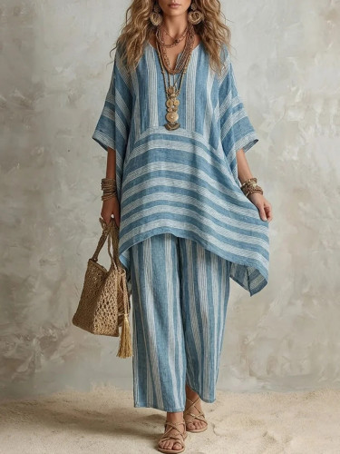 ☀️Trendy Striped Set | Half Sleeve Top & Long Pants for Daily & Vacation
