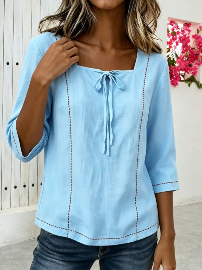 ✨Trendy Solid Blouse | Square Collar Tie Front Hollow Out Top for Street & Daily Wear