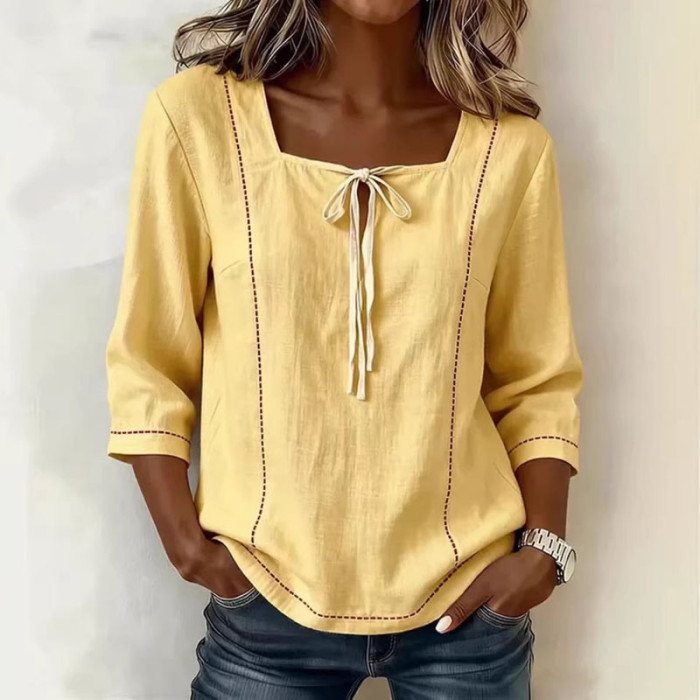 ✨Trendy Solid Blouse | Square Collar Tie Front Hollow Out Top for Street & Daily Wear