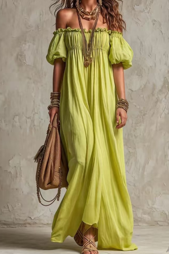 🌿Trendy Boho Maxi Dress | Off Shoulder Puff Sleeve Ruffle Dress for Beach & Vacation