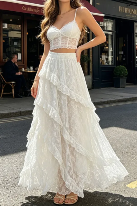 🤍Trendy White Lace Maxi Skirt | High Waist Tiered A-Line Skirt for Beach & Vacation
