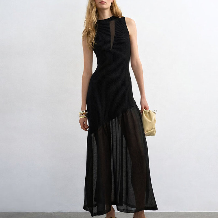 🌷Trendy Sleeveless Long Dress | Round Neck Mesh Spliced Pleated Style for Party & Daily