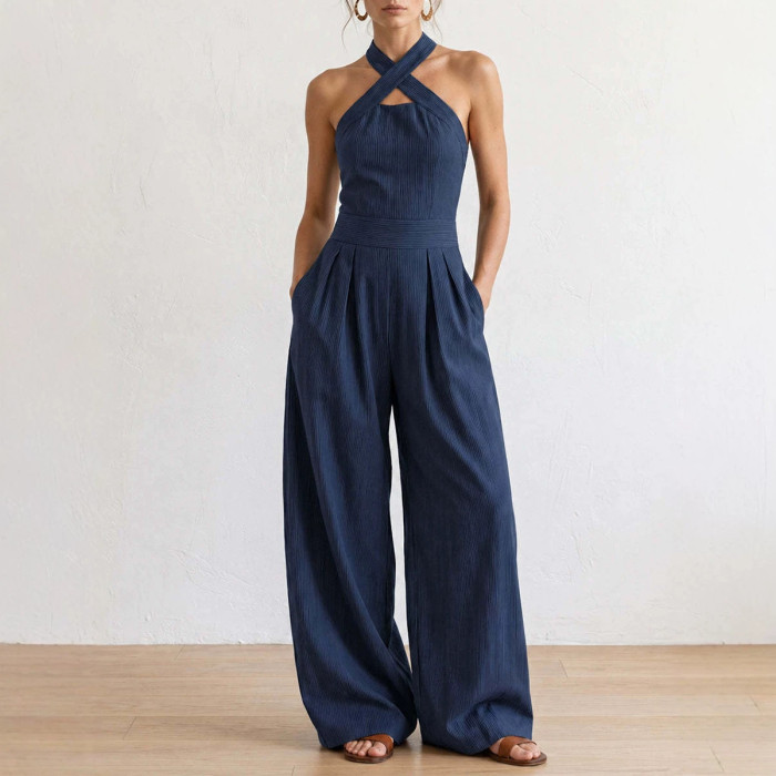 🤍Trendy Solid Jumpsuit | Halter Neck Pleated Wide Leg with Pockets for Daily & Casual