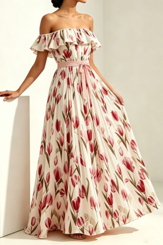 ✨Trendy Off Shoulder Long Dress | High Waist Ruffled Gown for Party & Casual