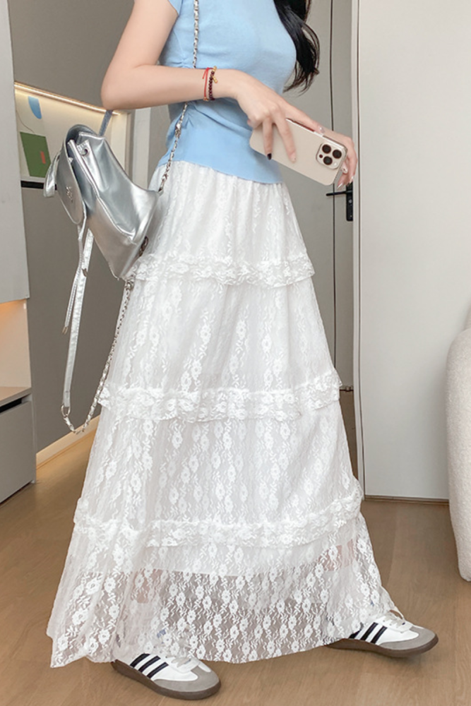 🤍Trendy White Lace Maxi Skirt | High Waist Tiered A-Line Skirt for Beach & Vacation