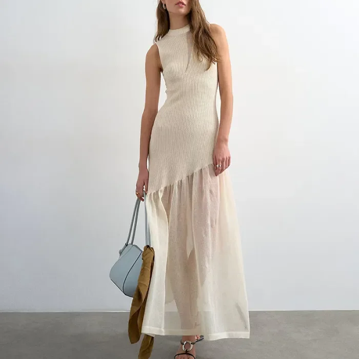 🌷Trendy Sleeveless Long Dress | Round Neck Mesh Spliced Pleated Style for Party & Daily