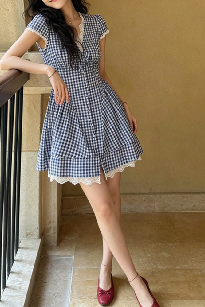 ✨Trendy Plaid Lace Dress | V-Neck High Waist A-Line Dress for Date & Daily