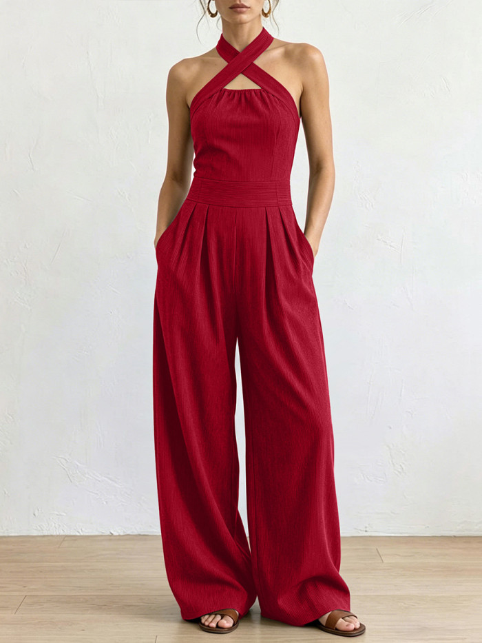 🤍Trendy Solid Jumpsuit | Halter Neck Pleated Wide Leg with Pockets for Daily & Casual