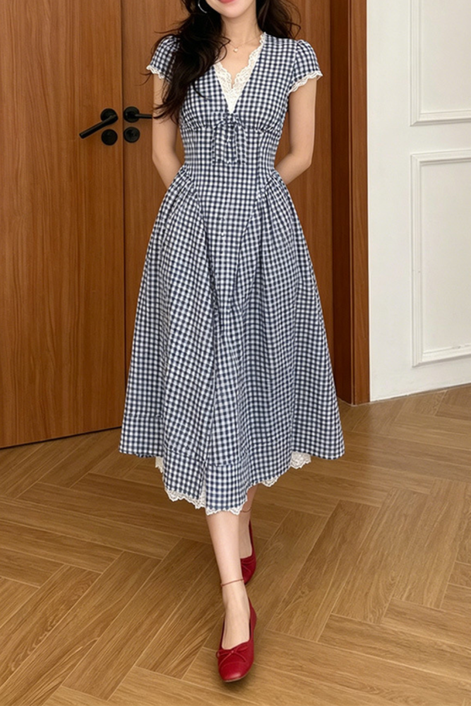 ✨Trendy Plaid Lace Dress | V-Neck High Waist A-Line Dress for Date & Daily