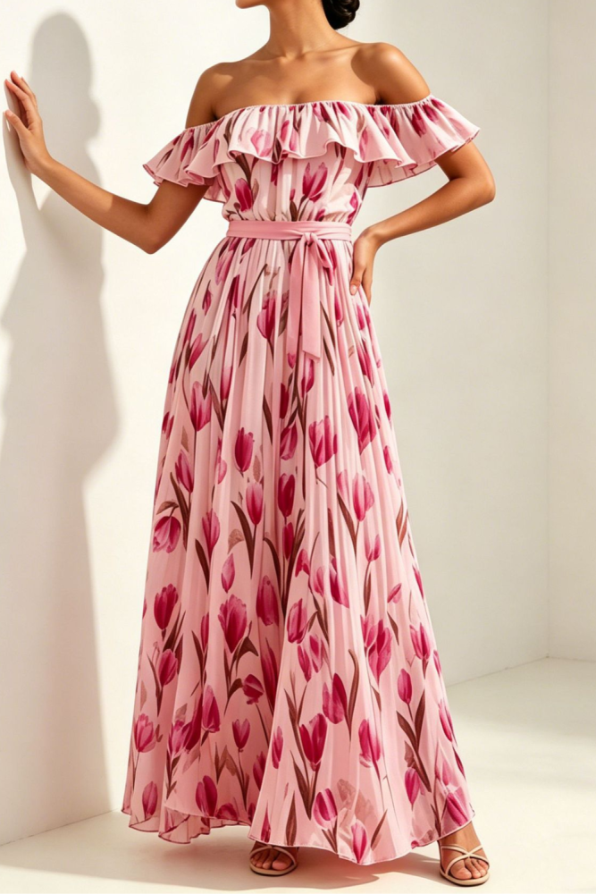 ✨Trendy Off Shoulder Long Dress | High Waist Ruffled Gown for Party & Casual