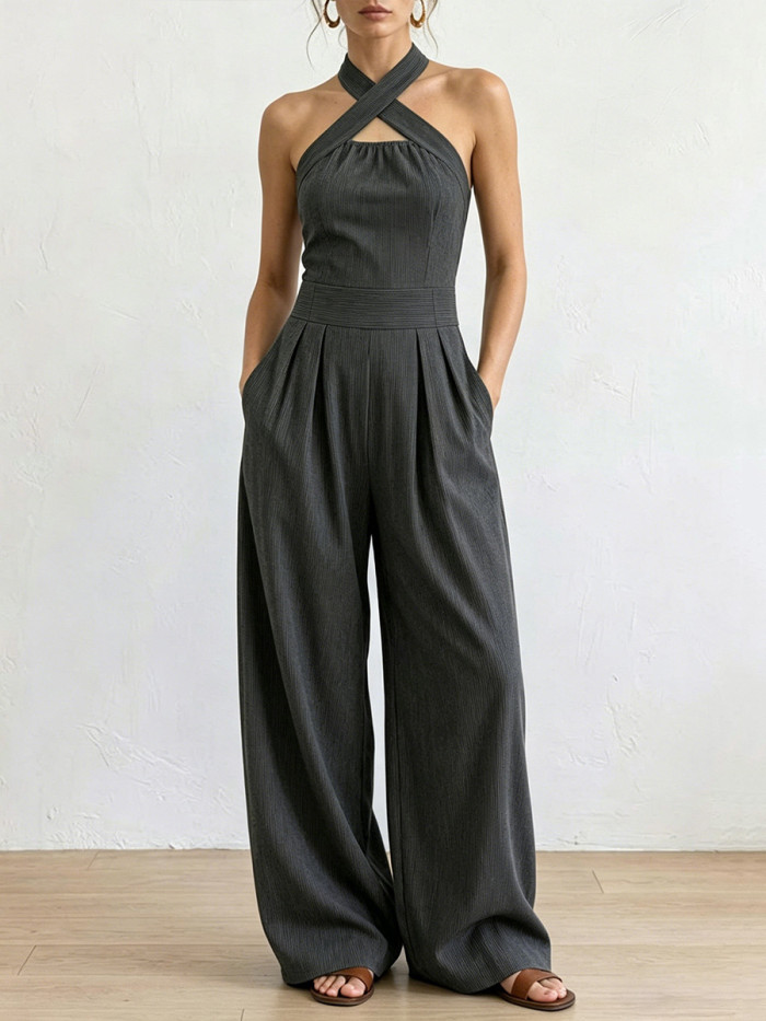 🤍Trendy Solid Jumpsuit | Halter Neck Pleated Wide Leg with Pockets for Daily & Casual