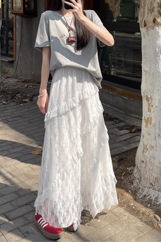 🤍Trendy White Lace Maxi Skirt | High Waist Tiered A-Line Skirt for Beach & Vacation