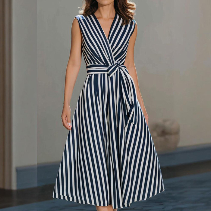 🖤Trendy Striped Midi Dress | V-neck Sleeveless Belted Style for Daily & Casual