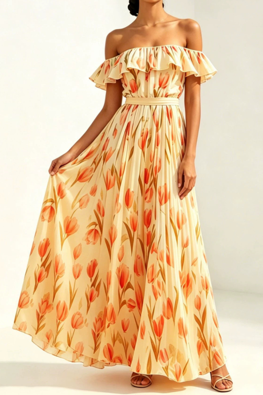 ✨Trendy Off Shoulder Long Dress | High Waist Ruffled Gown for Party & Casual