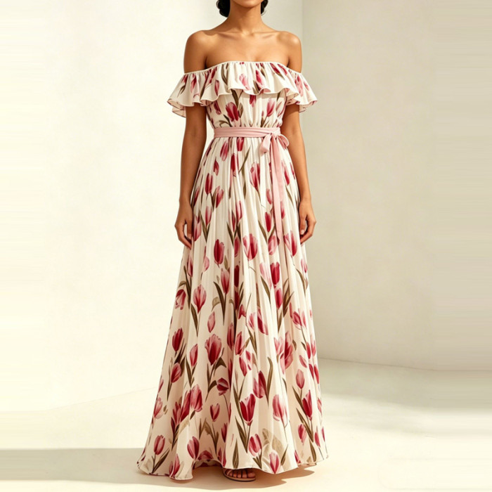 ✨Trendy Off Shoulder Long Dress | High Waist Ruffled Gown for Party & Casual