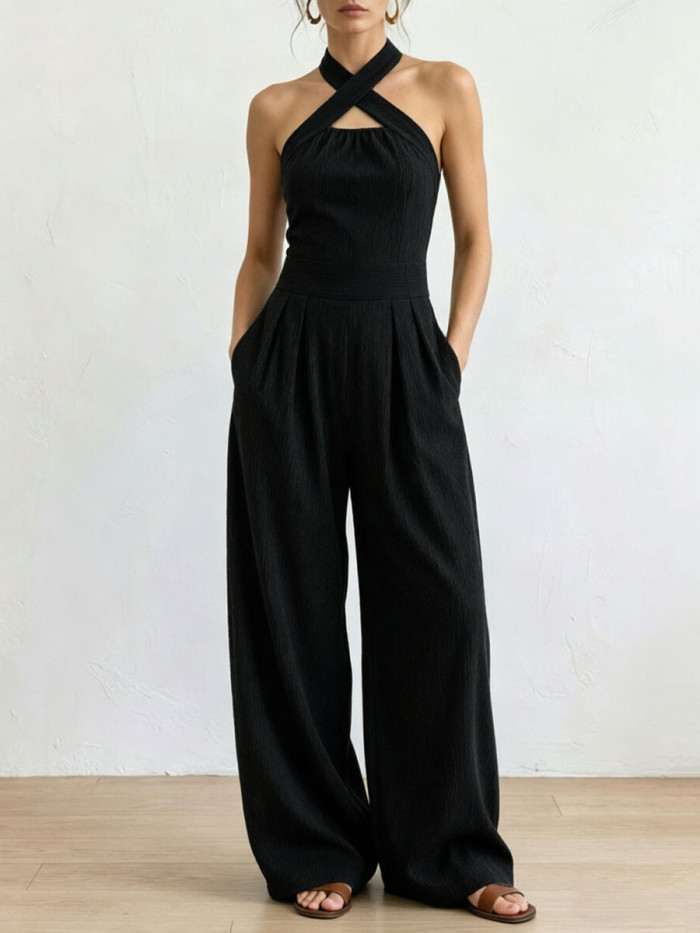 🤍Trendy Solid Jumpsuit | Halter Neck Pleated Wide Leg with Pockets for Daily & Casual
