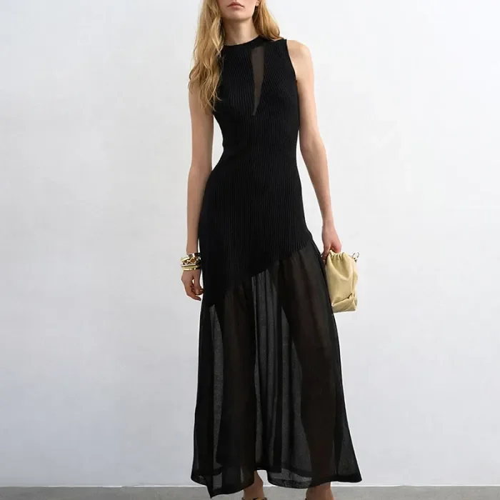🌷Trendy Sleeveless Long Dress | Round Neck Mesh Spliced Pleated Style for Party & Daily